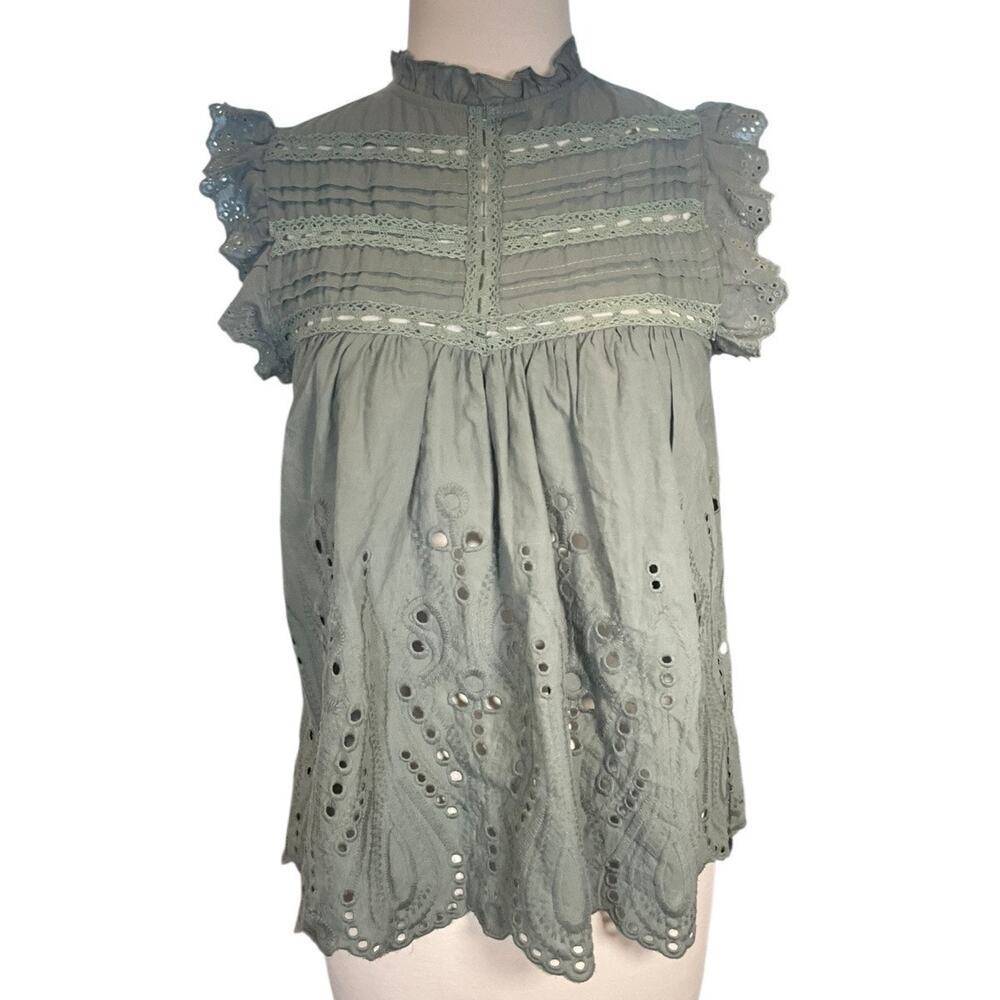 Adiva Eyelet Lace Blouse NWT Smal Embroidered Top Ruffle Sleeve Prairie Feminine